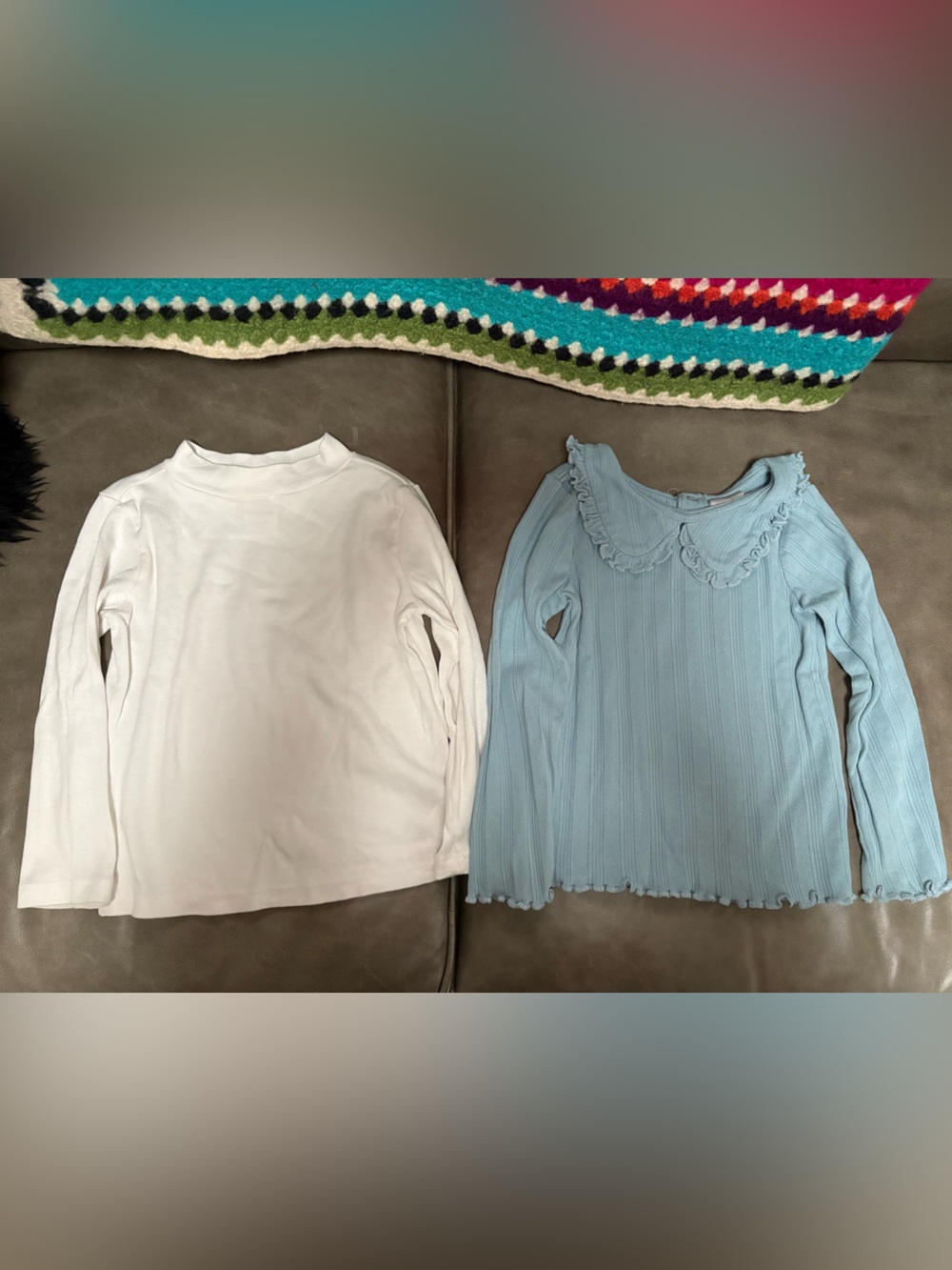 Hanna Andersson White Mockneck Top and Blue Ruffle Collar Shirt